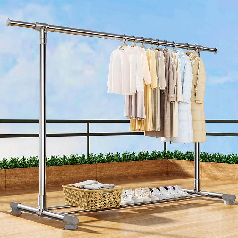 钢管晾衣落地家用卧室架阳台挂衣缩单杆晒衣架架简伸易凉EDP衣服