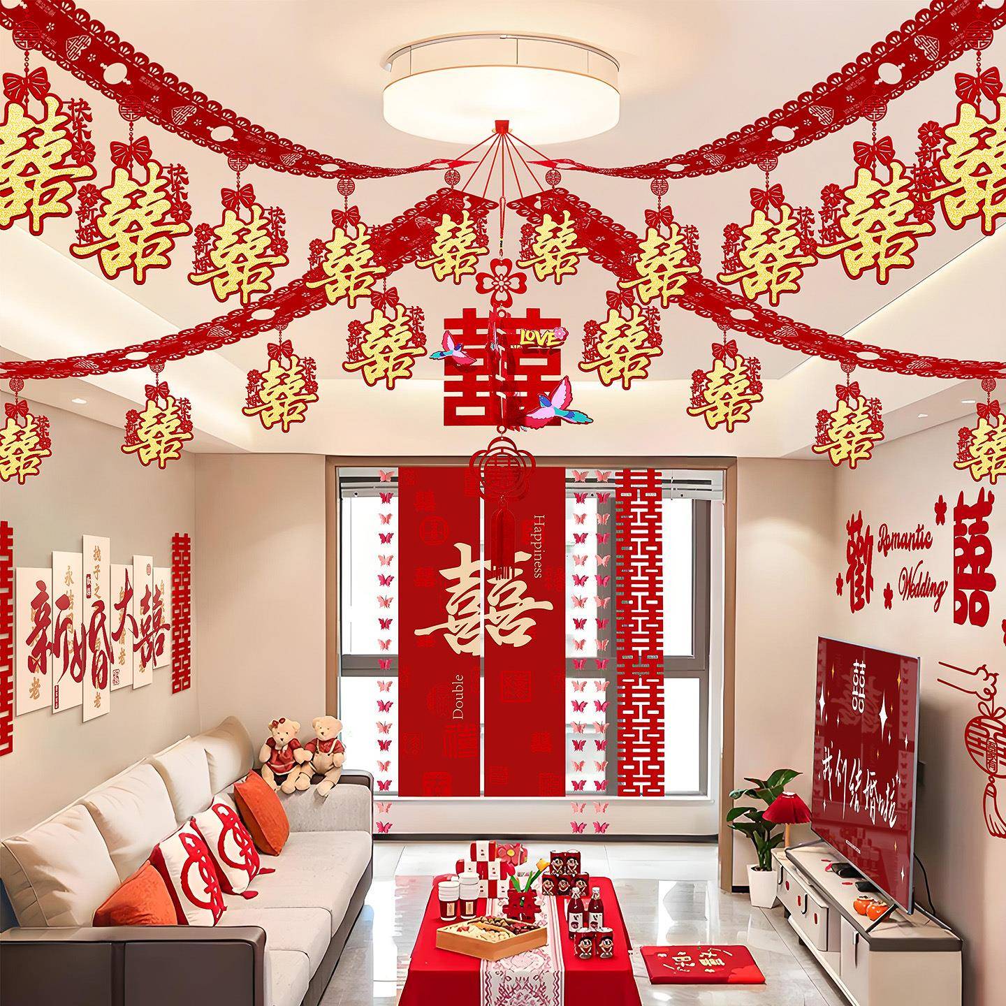 婚房布FXF2147置套餐窗卧室床吊顶拉花装饰结婚礼男女方帘挂长头