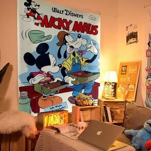 复古卡通米奇可爱背景布怀旧挂布墙面女生宿舍改造床头装饰布定制
