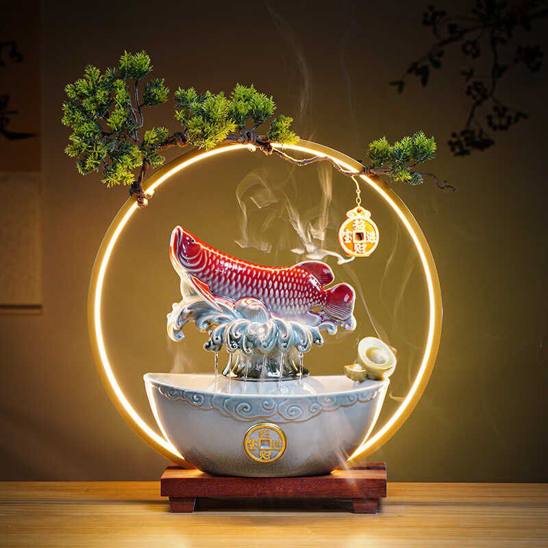 创意年年有余鱼流水招财水循环陶瓷摆件客厅玄关桌面乔迁开业送礼