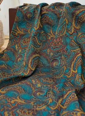 复古湖蓝色花花纹图案金丝提布BF-G3-51饰料国风肌理浮雕中礼服装