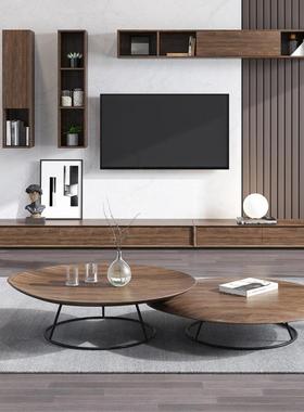 北欧桃简胡约现厅代电视柜茶木几组UDX合轻奢意式客小户型墙壁柜