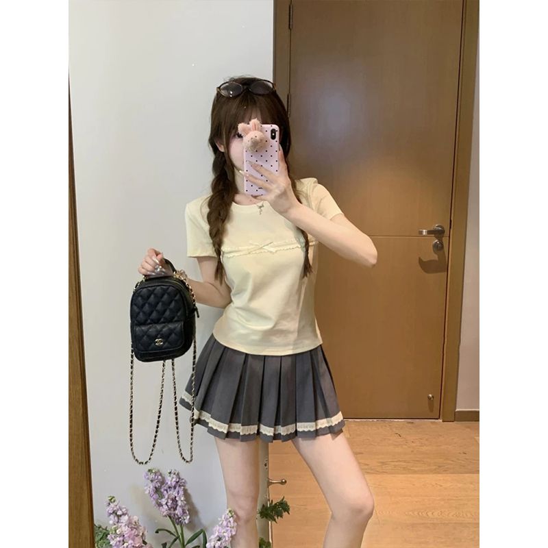 粉色miu系蕾丝蝴蝶结拼接镂空圆领短袖T恤女春夏修身显瘦内搭上衣