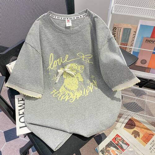 Forever 21灰色蕾丝边印花短袖T恤女春夏穿搭宽松显瘦休闲上衣
