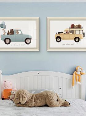 现代美式儿童房头壁床画房卡通动物装画男孩卧CYMK137C室饰书两联