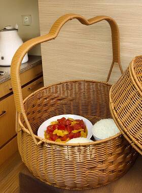 拜拜祖篮子手提篮藤带盖野仿餐圆形双层超织特大号藤编手工宗FYR