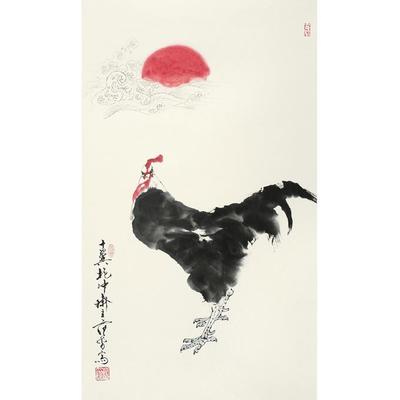 《鸡报晓范曾人名画国名《雄鸡报画40》雄*68cm包邮