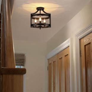 主卧吸顶灯圆形美式 仿古工灯铁艺黑QH3003色阳台入户业门厅玄关书