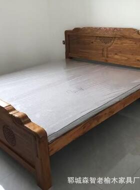榆木双人大床家用新中式酒双人老做床旧风VAP民宿店仿古雕刻实木