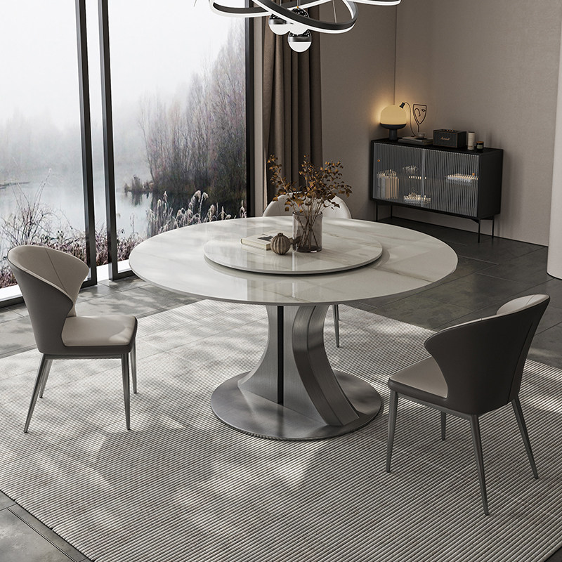 意式极简亮光面岩板圆桌带转盘现代简约家用吃饭桌圆形餐桌椅组合