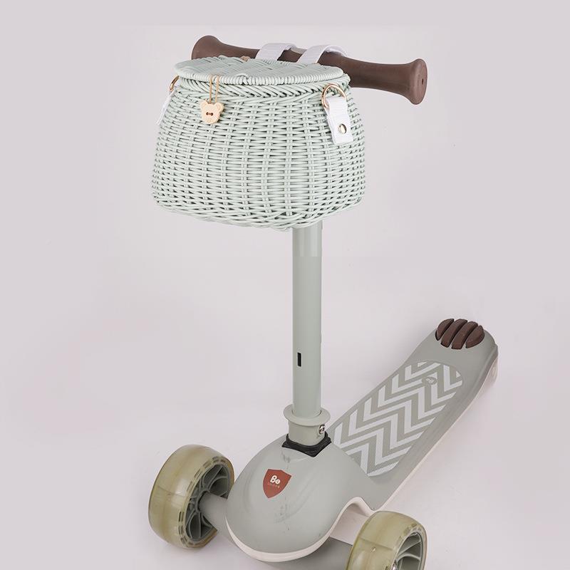 儿童行车车篮车平010衡手工编织筐带自盖滑板车单车菜篮童车前置