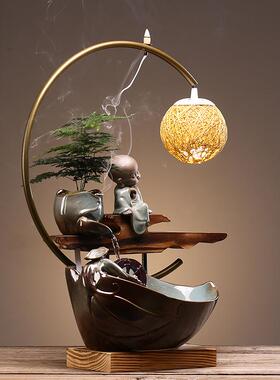 创流水摆件招财公水车喷泉客业厅桌面办室循环陶瓷意PIQ禅意开礼