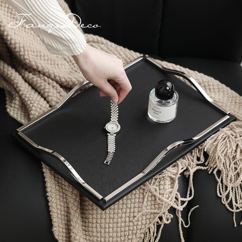 HKV现轻奢皮革金属托餐盘摆件酒样板间客厅茶几桌收纳店盘代软装