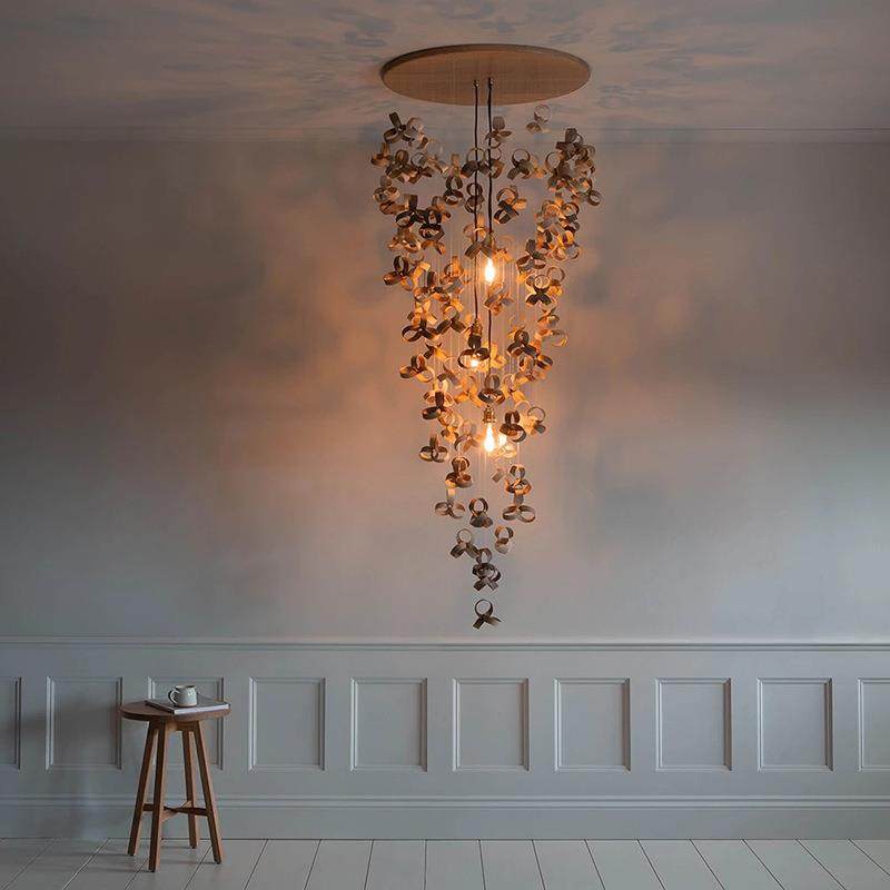 复古个性创意木皮吊灯复式住宅楼梯别墅客厅卧室餐厅前台木艺吊灯