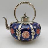 古玩铜器收藏铜茶壶酒壶家居摆件仿古白铜包瓷壶铜壶茶道摆设