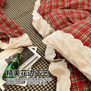 双层纯棉四公件套床上纱用品100全棉红色主XYJ2528被床单三件套套