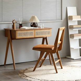 日式实木书房桌子家用小户型藤编书桌卧室简约一体式电脑桌梳妆台
