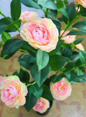 仿真绿大茶玫窗植瑰花树盆栽家居橱软装花造景JY6515摆件假花工厂