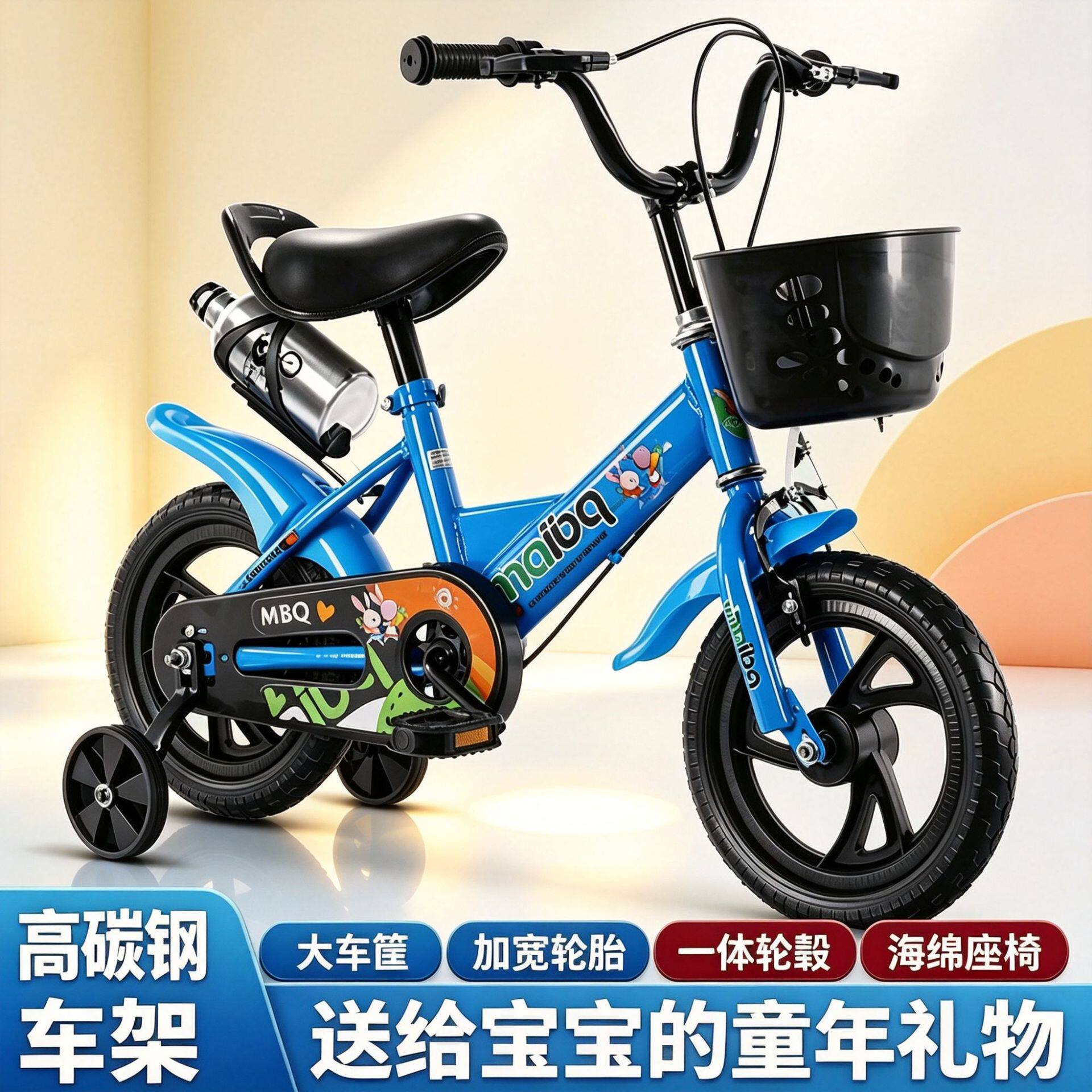 儿童自行车小孩单车现货供应3岁到6岁宝宝脚踏车带后座14寸童车
