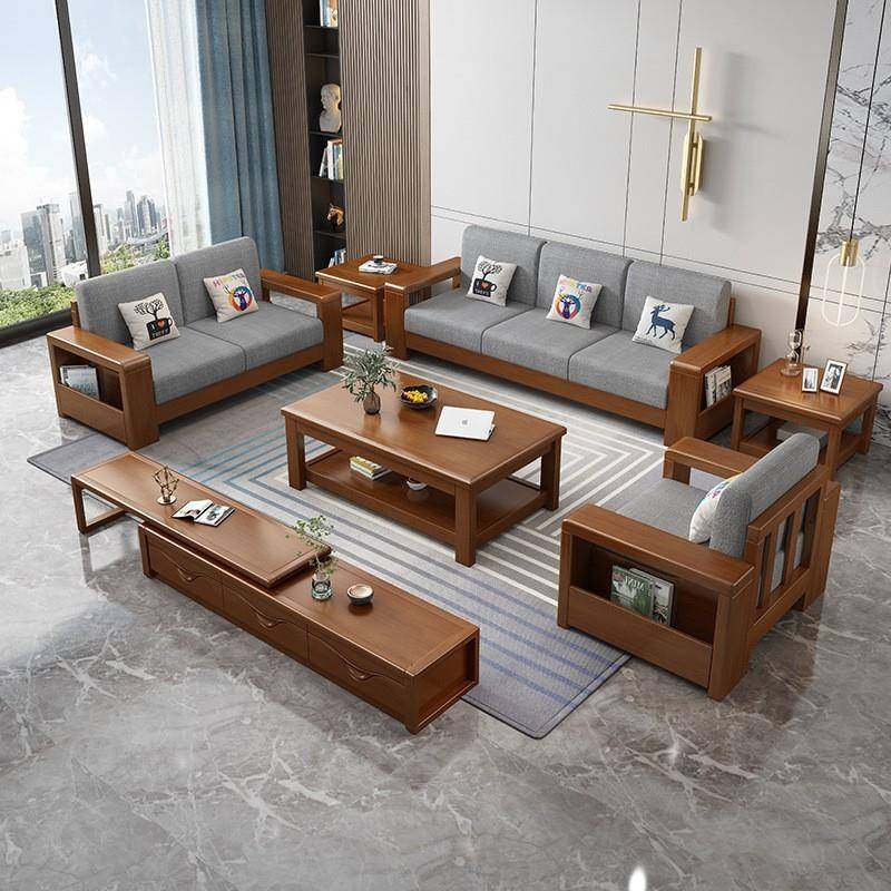新中式实木沙发组合小户型经济型布艺沙发现代简约客厅储物木沙发