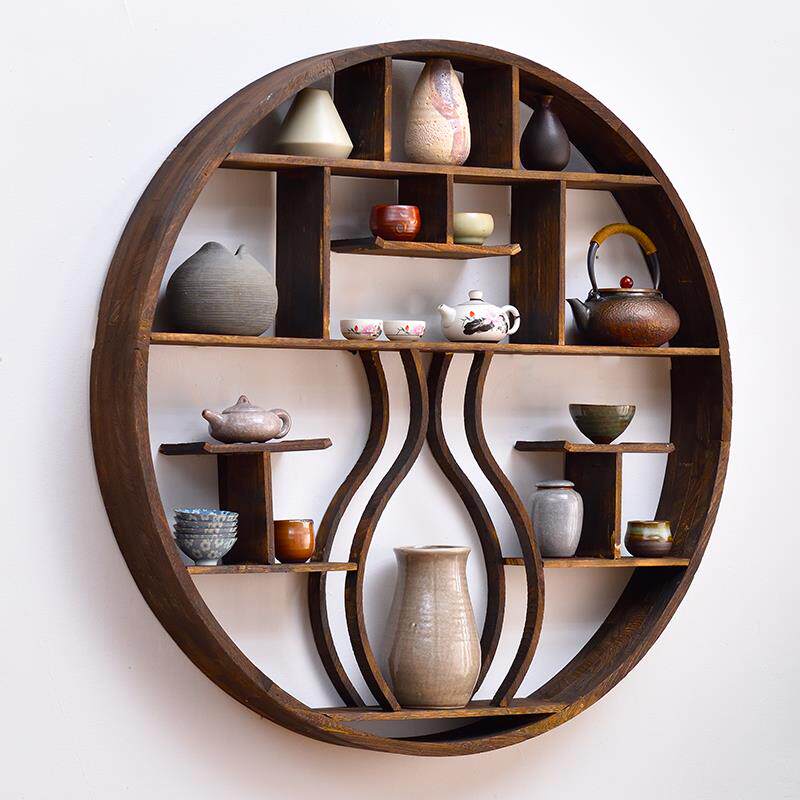 8V实木中式壁挂圆形博古架墙壁挂墙上壶架茶室布置茶架子茶具置物