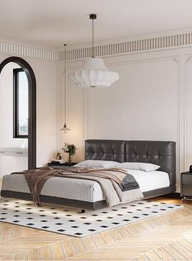 黑色中古复古床卧室齐边软包悬浮床现代简约云朵床真皮床双人