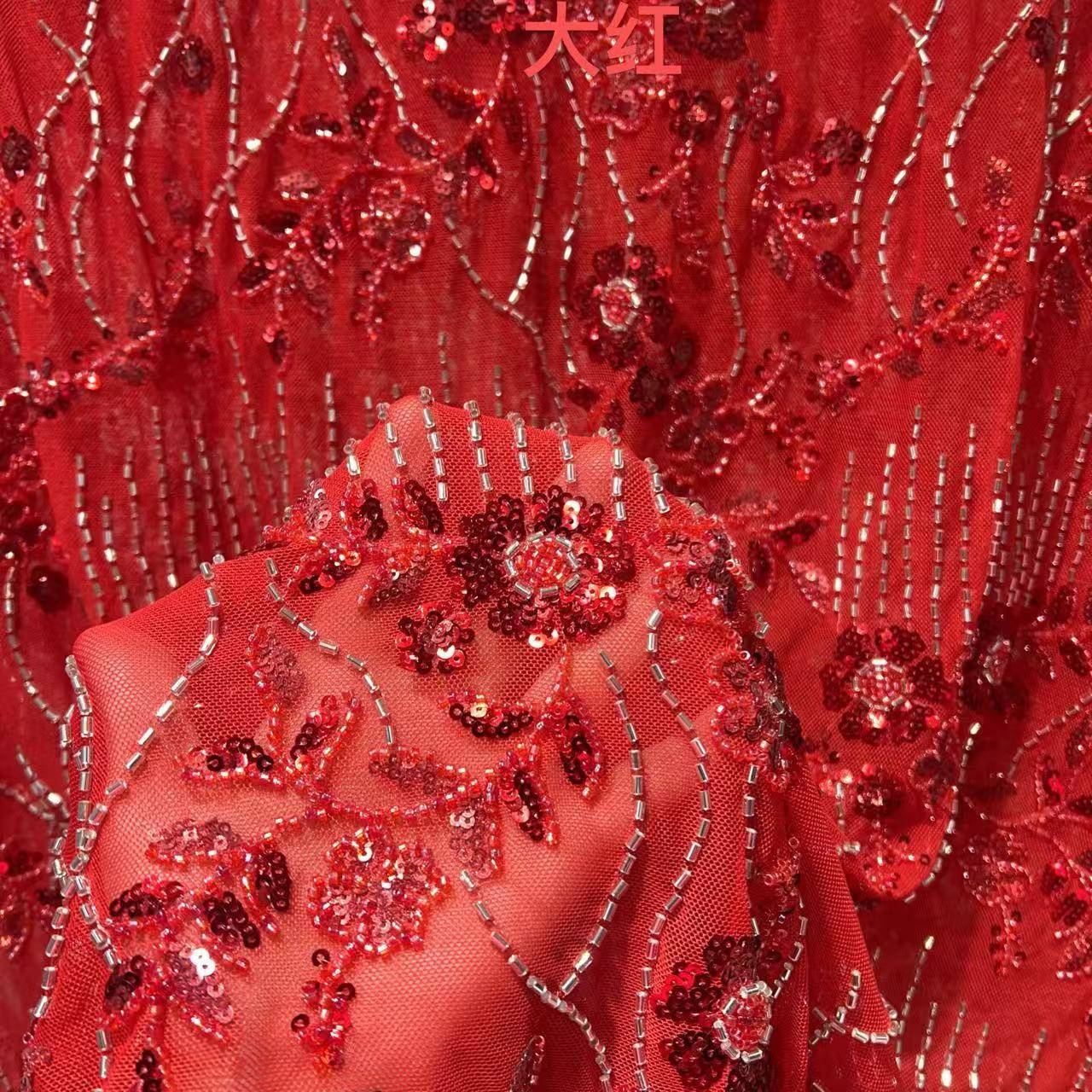 厂应家婚供亮片绣花布-料婚庆礼纱服旗袍汉服刺绣网纱面料