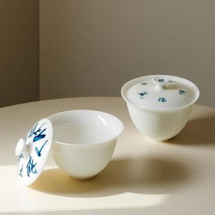 墨己MOU玉泥瓷手写青花茶诗陶盖碗功茶夫具用薄胎泡家茶碗防烫盖