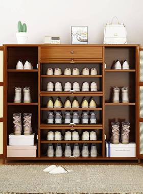 多层家用鞋架UXT实木落地门口物柜宿柜舍玄关纳柜翻储斗带门鞋简