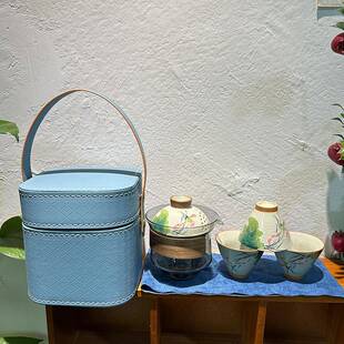 哥窑釉下手绘荷花斗笠杯旅行茶具茶杯便携小套装户外一壶三杯快客