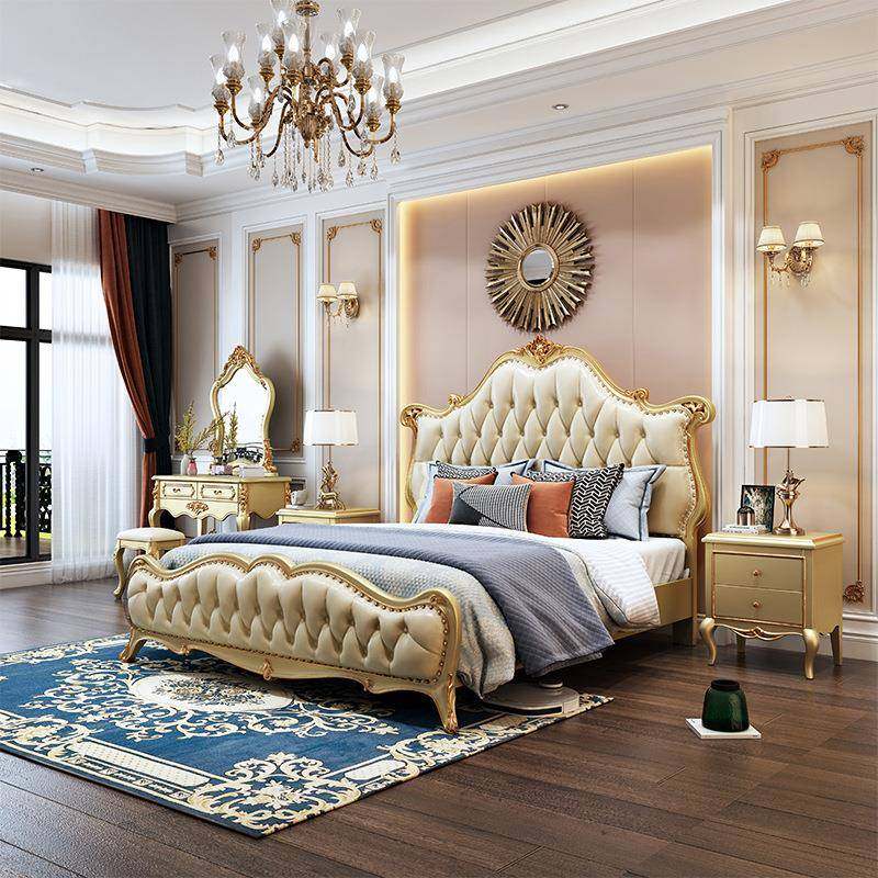 欧式真皮床实木床1.8米双人床田园法式雕花床公主床婚床卧室家具