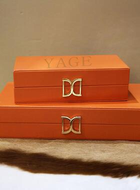 新中式样板房摆件橙色双D扣收纳盒古典装饰盒软装衣帽间摆饰盒