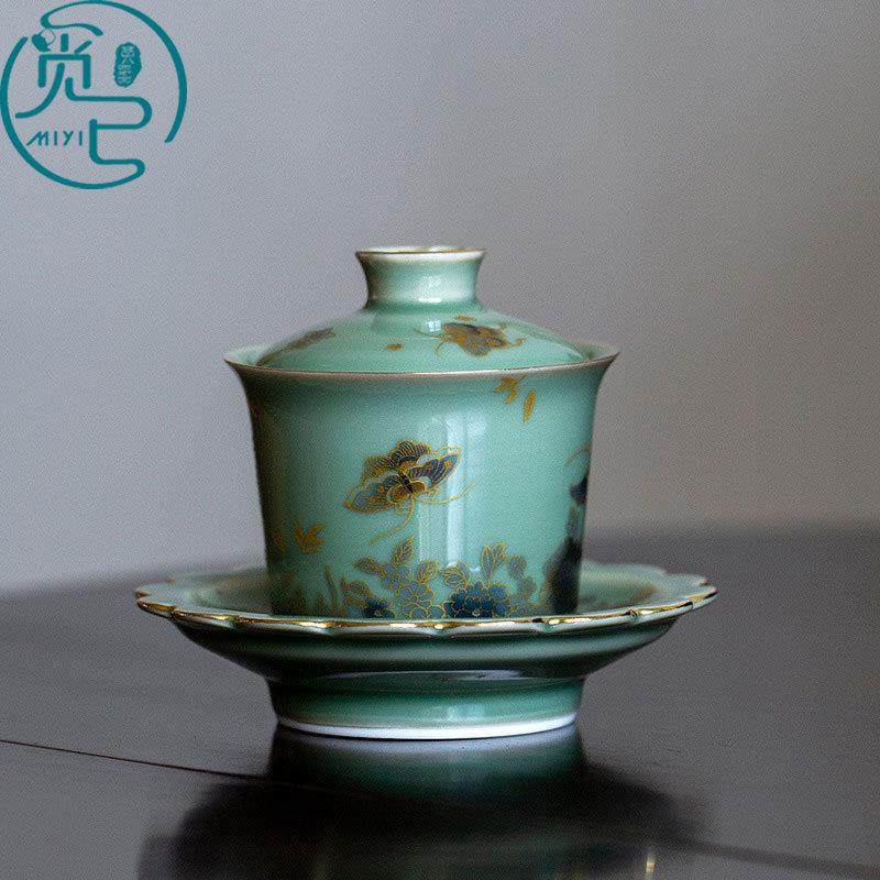 越窑青瓷金绘蝶恋花三才盖碗单个复古高档茶杯家用不烫手泡茶碗,节庆用品/礼品,新娘配件,淘宝优惠券,粉丝福利购,淘宝优惠卷