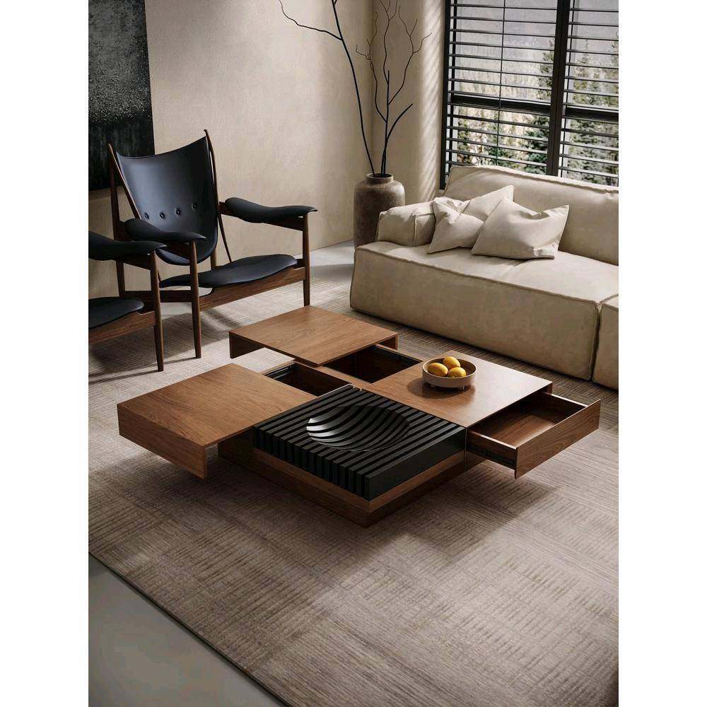 意式复古风北美黑胡桃实木茶几客厅可储物正方形中古风小户型茶几