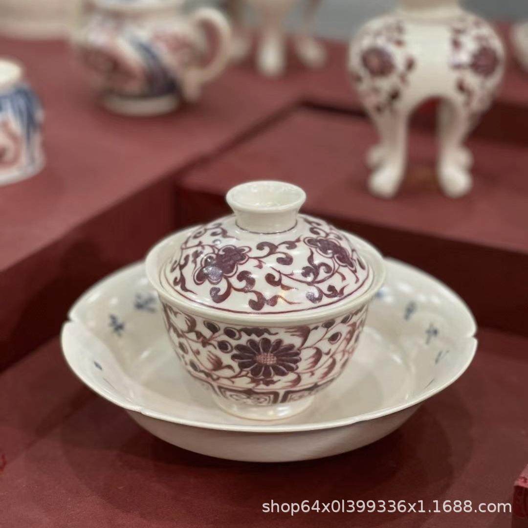 霖松堂茶具套装青花釉里红缠枝菊花宫灯壶手绘陶瓷茶器茶杯泡茶壶