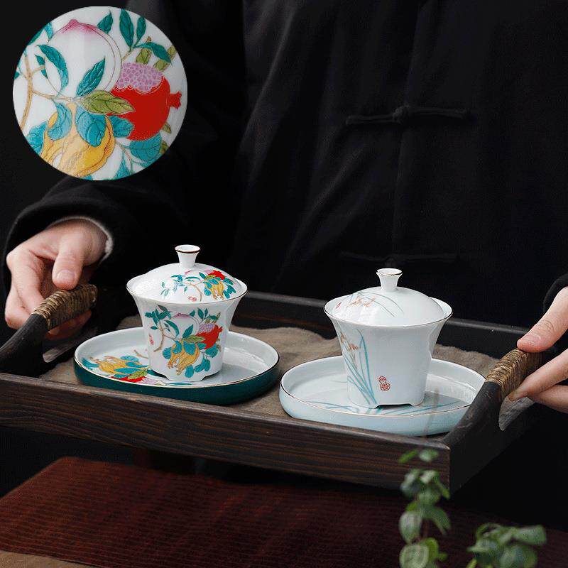 羊脂玉杯敬茶碗小号茶碗带大佛尘个人随手礼泡茶品茗陶瓷三才盖碗