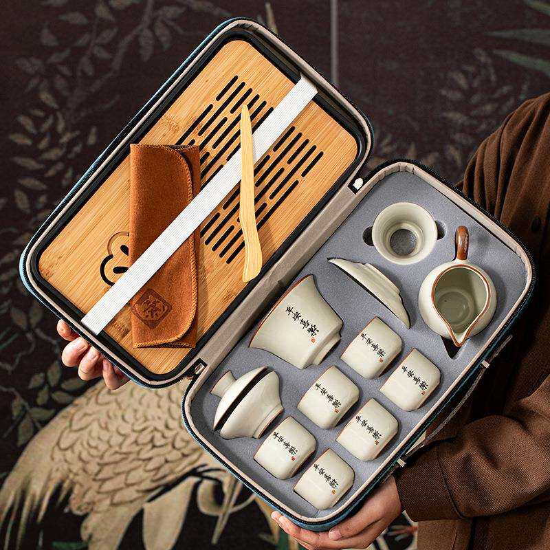 米黄汝窑纯手写旅行茶具套装家用功夫户外便携式2026新款盖碗茶杯