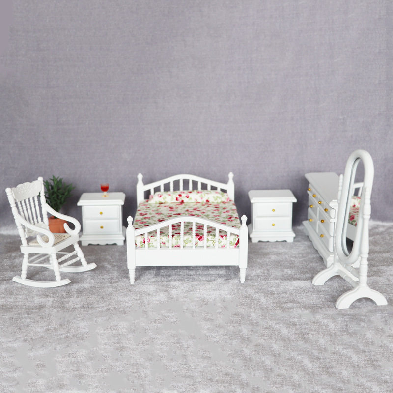 1:12迷你娃娃屋dollhouse12分娃娃用家具模型摆件白色卧室6件套装
