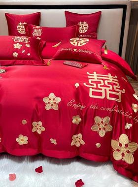 全四棉长绒棉婚庆件套纯棉结婚T-06899喜子被大红色新婚礼房床上