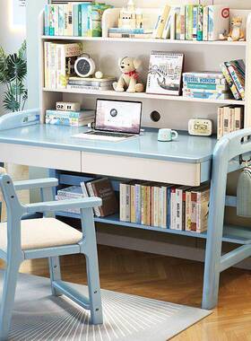 家中用实15444木书桌书架一体卧室小学生女可升降写字桌孩儿童学