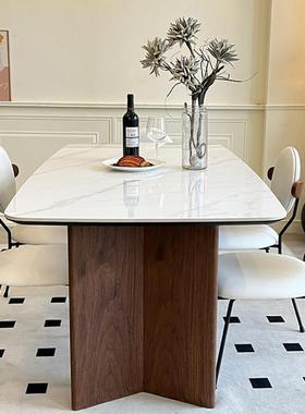 法式复古胡桃色实方木岩板餐桌椅合中古形风长小户84718型组家用