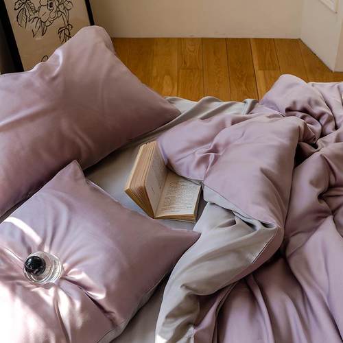 60支兰精天丝四WZ102013件套滑简纯色双拼夏床季约丝凉感冰丝被套