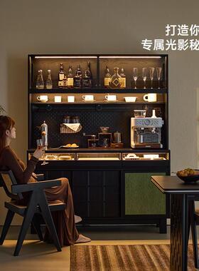 轻檀复水古实白木餐边柜靠墙一体储物柜酒PUZ蜡木客厅茶柜黑色收