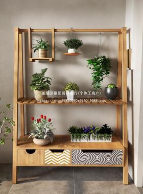 #美式实木架台置物架花落地式客阳架60161厅木质绿萝花多功能室内