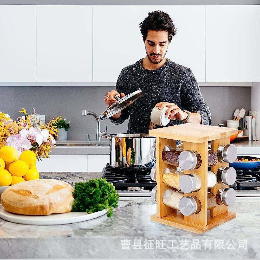 简约实木16813多旋转置物架厨房调味品理架罐用装香料整架实层木