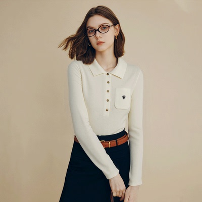 【小糯米专享】【秋韵织就】小蜜蜂刺绣翻领长袖针织上衣M2509007