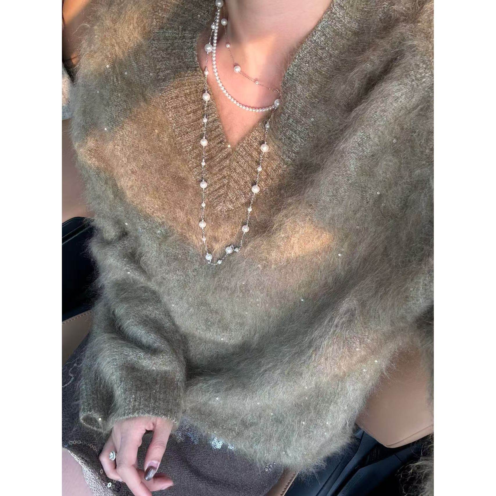 LANDNINI“粉黛紫绿茶”100%山羊绒V领宽松针织衫女,女装/女士精品,毛针织衫,淘宝优惠券,粉丝福利购,淘宝优惠卷