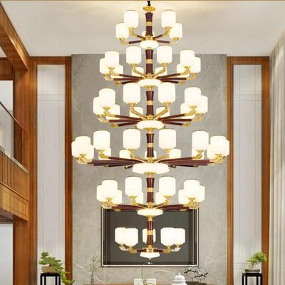 复式楼大吊灯中式全铜实木国中新别墅风客厅灯挑78341空楼中楼梯