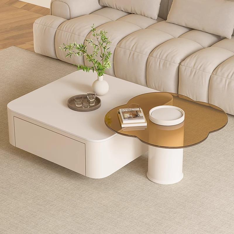 Tal奶油风方形岩茶几户型花简约板现代轻rt-·23奢朵玻璃边几客厅