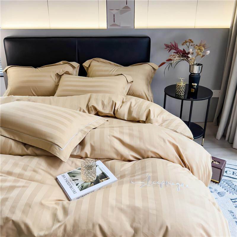 色6支长绒LDR四棉提花条纹纯四件套简约大气刺绣条纹全0棉轻奢件